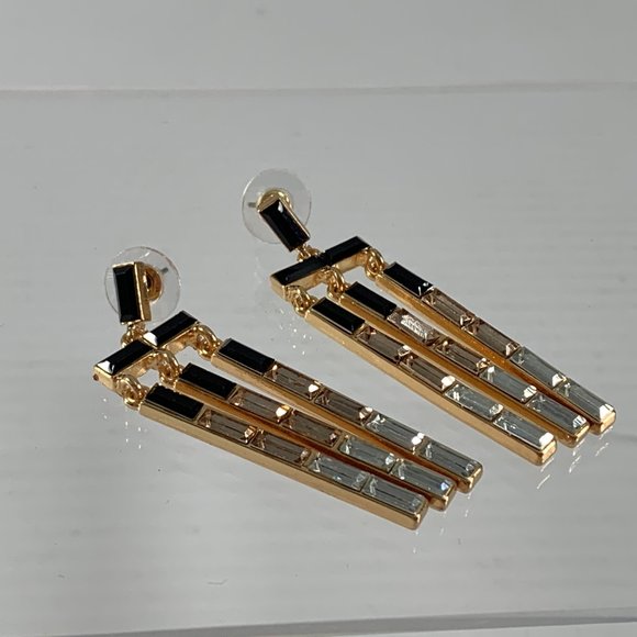 A New Day Earrings Nickle Free Dangle Gold Tone Black Enamel Rhinestones - Picture 5 of 6